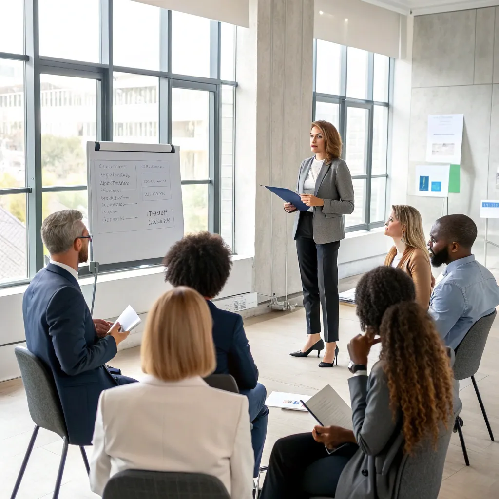 A group of professionals in a speaking workshop